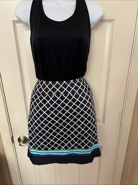 Tail Black Lattice Mini Skirt with Blue and Teal Hem Stripes